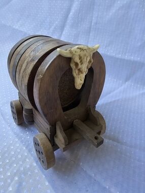 Vintage Rustic Coater Cork Wooden Covered Wagon Decor with Skull Accent - Brown